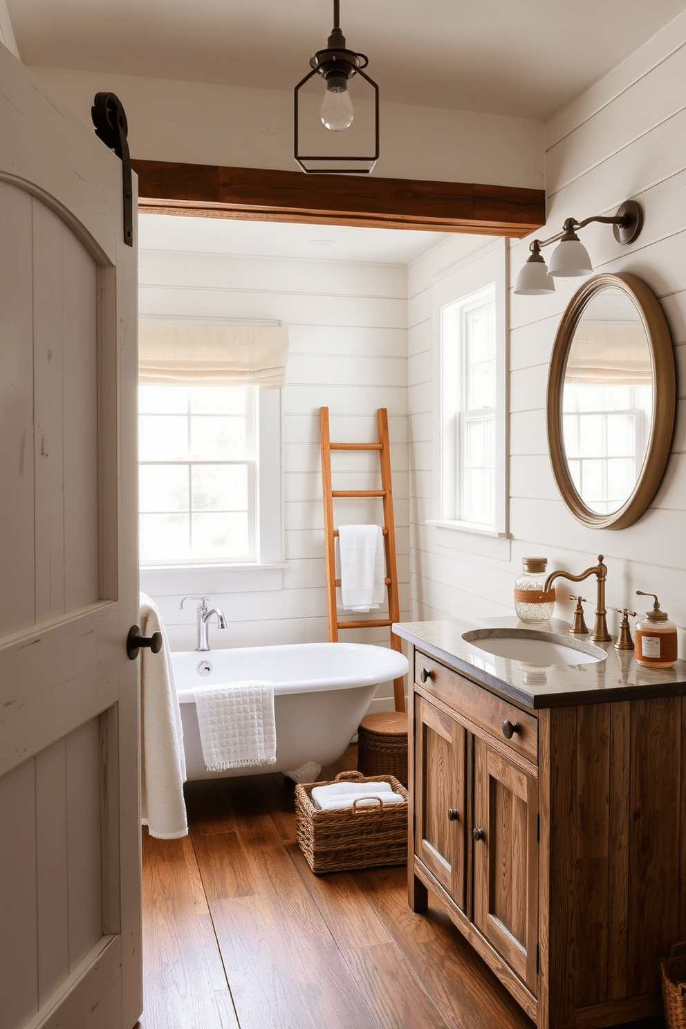 A barn door entry welcomes you into a cozy farmhouse bathroom filled with rustic charm. The space features shiplap walls painted in soft white, complemented by a vintage clawfoot tub and a wooden ladder for towels. Natural light streams in through a large window adorned with simple linen curtains. A distressed wooden vanity with a farmhouse sink sits opposite the tub, accented by antique brass fixtures and a round mirror.