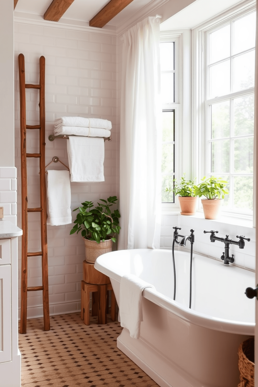 A charming farmhouse bathroom featuring a white subway tile backsplash that extends from the countertop to the ceiling. The space includes a freestanding soaking tub with a vintage-style faucet and rustic wood accents throughout. Natural light floods the room through a large window adorned with sheer linen curtains. A wooden ladder holds fluffy towels while potted plants add a touch of greenery to the serene atmosphere.