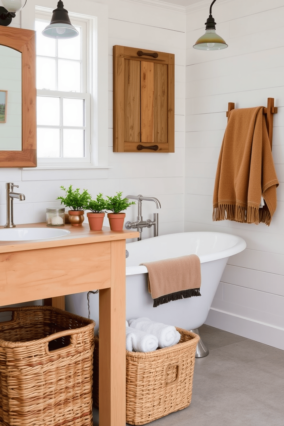 Cozy woven baskets are neatly arranged under a wooden vanity, providing both storage and a touch of warmth. The bathroom features shiplap walls painted in soft white, with a vintage-style freestanding tub positioned near a window that lets in natural light. Rustic accents such as a reclaimed wood mirror and industrial-style light fixtures complement the farmhouse aesthetic. Fresh greenery in small pots adds a natural element, while plush towels in earthy tones hang from a wooden rack.