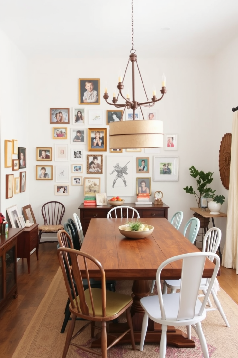 A gallery wall filled with family photos in various frames creates a warm and inviting atmosphere. The wall is complemented by a mix of colorful art pieces that enhance the overall aesthetic. The farmhouse dining room features a large wooden table surrounded by mismatched chairs for a cozy feel. Soft, neutral tones dominate the space, with a rustic chandelier hanging above to provide warm lighting.