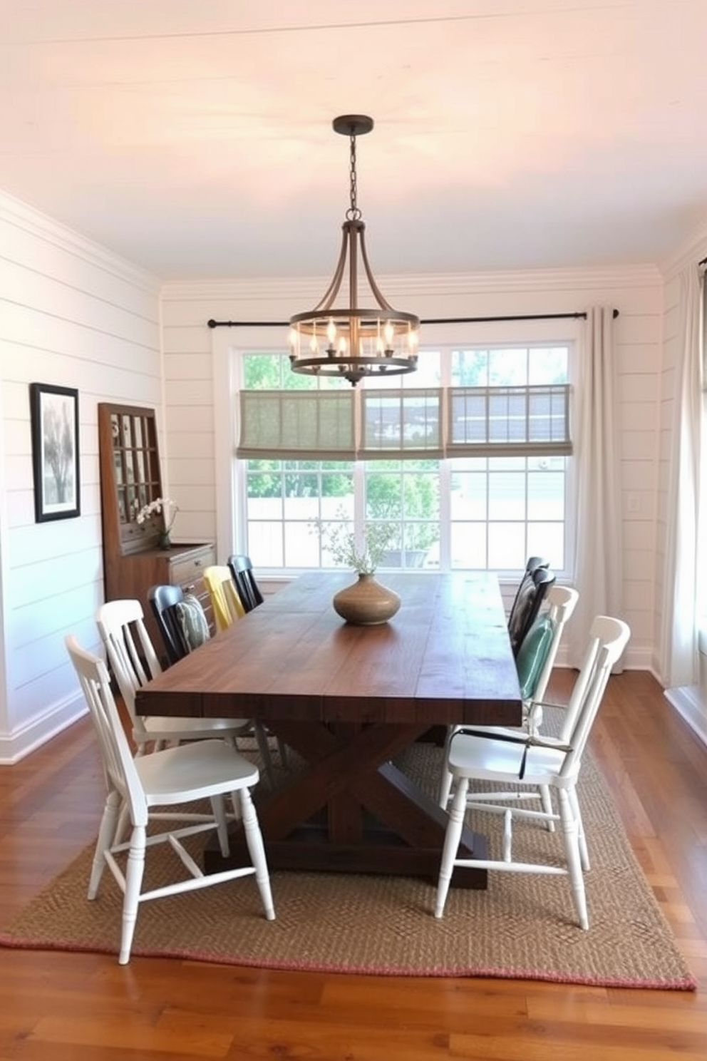 A large farmhouse table made of reclaimed wood takes center stage in a cozy dining room. Surrounding the table are mismatched chairs that add character and warmth to the space. The walls are adorned with shiplap, painted in a soft white hue to create an inviting atmosphere. A rustic chandelier hangs above the table, casting a warm glow over the family gathering. Natural light streams in through large windows dressed with simple linen curtains. A woven rug lies beneath the table, adding texture and comfort to the hardwood floor.