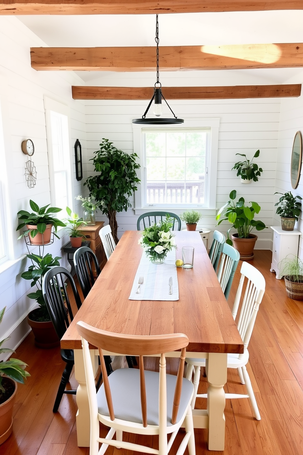 A charming farmhouse dining room filled with natural light. The centerpiece is a long wooden table surrounded by mismatched chairs, adorned with a simple linen table runner. In the corners, various potted plants bring a touch of greenery and freshness to the space. The walls feature shiplap paneling painted in a soft white, complemented by rustic wooden beams overhead.