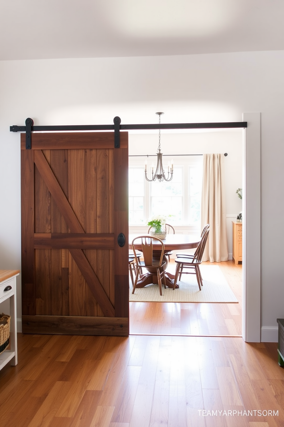 A warm and inviting farmhouse-style dining room features a sliding barn door entrance made of reclaimed wood, adding rustic charm. The room is adorned with a large farmhouse table surrounded by mismatched chairs, complemented by a vintage chandelier hanging overhead. Natural light floods the space through large windows dressed in simple linen curtains. The walls are painted in a soft white hue, and the floor is finished with wide plank hardwood, enhancing the cozy atmosphere.