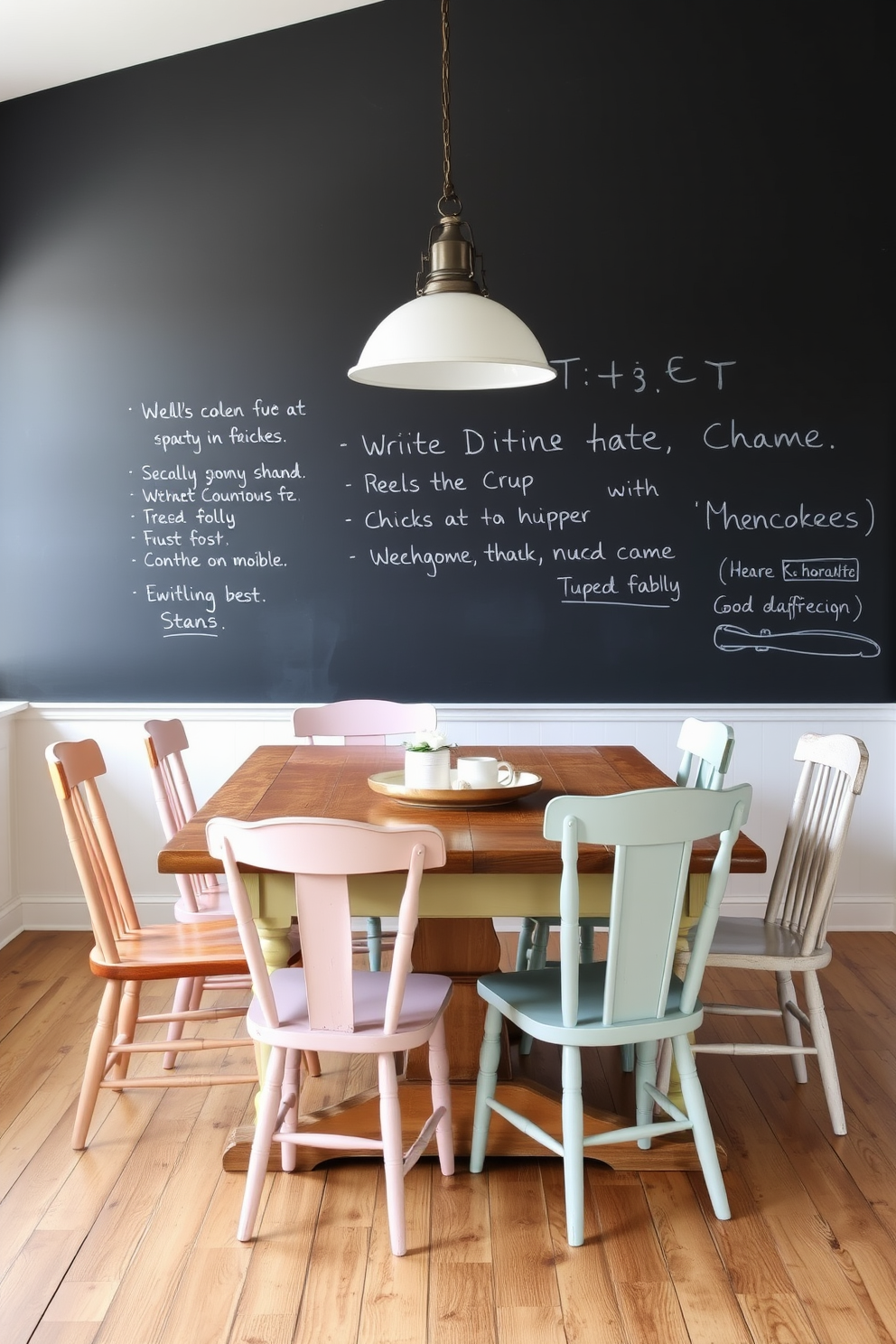 A charming farmhouse dining room featuring a chalkboard wall ideal for writing menus or notes. The room is adorned with a rustic wooden dining table surrounded by mismatched chairs in soft pastel colors.