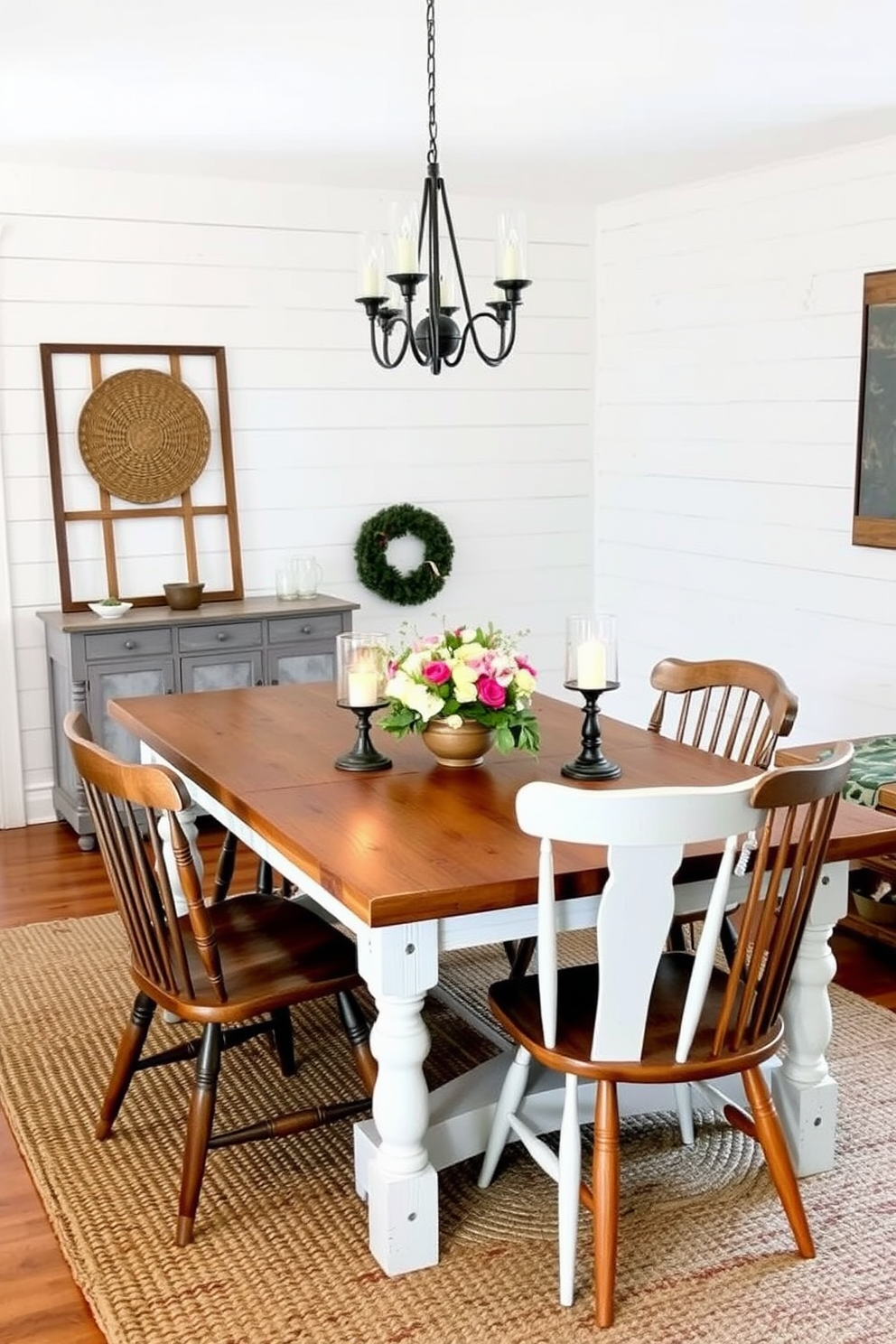 A cozy farmhouse dining room features a rustic wooden table surrounded by mismatched chairs. Soft lighting from vintage candle holders creates an inviting atmosphere, while a centerpiece of fresh flowers adds a touch of charm. The walls are adorned with shiplap, painted in a soft white hue to enhance the warmth of the space. A woven rug underfoot complements the natural textures found in the wooden elements of the room.