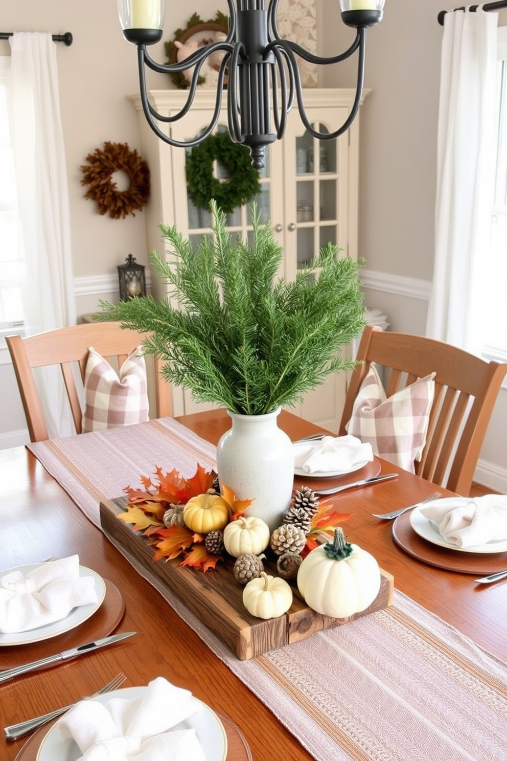 A cozy farmhouse dining room adorned with seasonal decor. The table is set with a rustic wooden centerpiece featuring autumn leaves and small pumpkins for a warm fall ambiance. In winter, the room transforms with white and silver accents, including a table runner and pinecone decorations. Fresh evergreen branches in a vase add a touch of nature, creating a serene and inviting atmosphere.