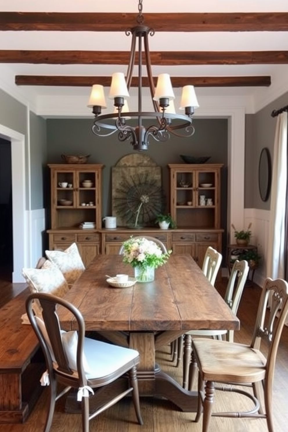 A charming farmhouse dining room features a rustic wooden bench along one side of the table, adorned with soft cushions for added comfort. The space is illuminated by a large chandelier made of wrought iron, casting a warm glow over the reclaimed wood dining table surrounded by mismatched chairs.