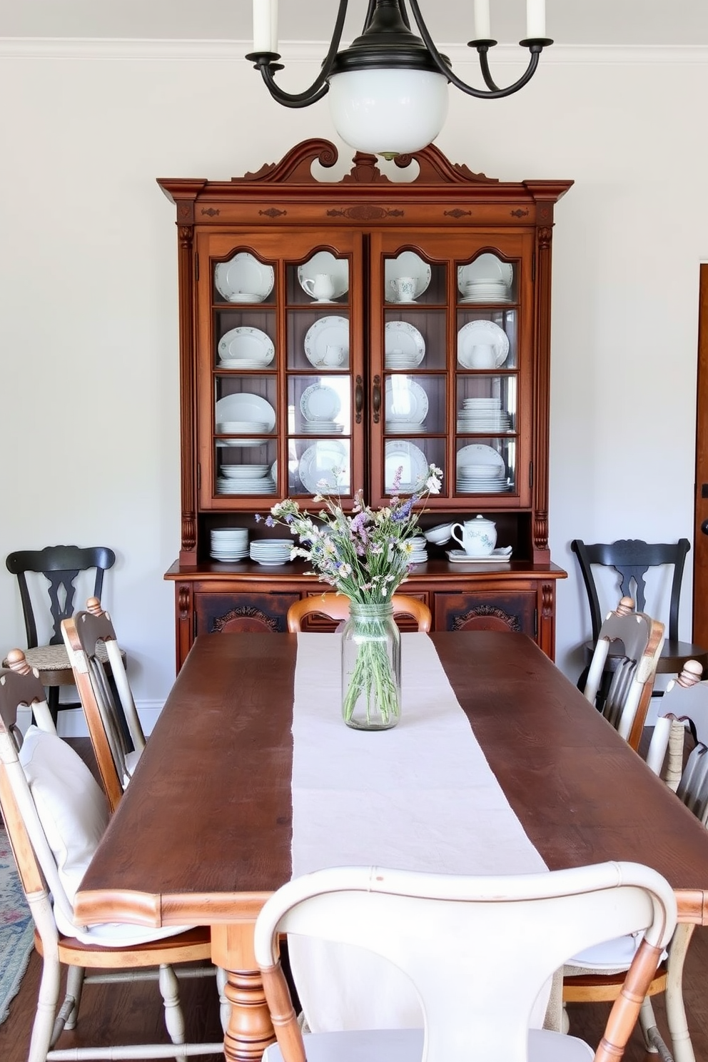 A vintage china cabinet stands proudly against the wall, showcasing an array of delicate porcelain dishes and family heirlooms. The cabinet features ornate woodwork and glass doors, adding a touch of elegance to the rustic farmhouse dining room. The dining table is a large reclaimed wood piece surrounded by mismatched chairs, each with its own unique charm. Soft, neutral linens drape across the table, complemented by a simple centerpiece of wildflowers in a mason jar.