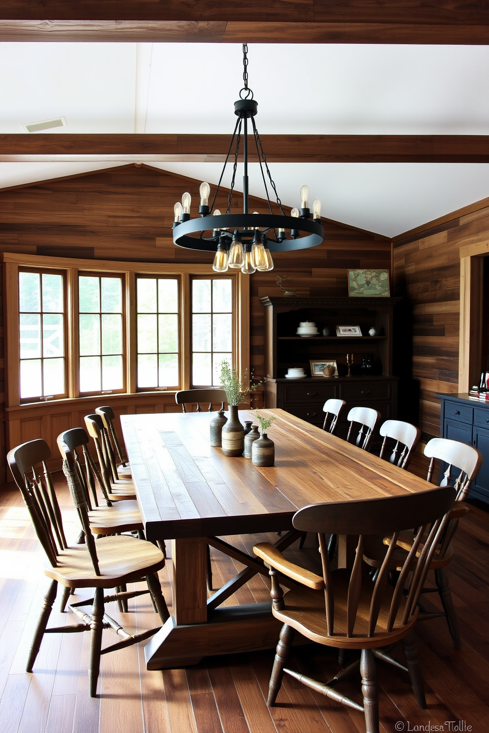 A rustic farmhouse dining room features a large wooden table with a weathered finish surrounded by mismatched chairs. Overhead, a wrought iron chandelier with exposed bulbs adds an industrial touch, while metal accents are incorporated through decorative items on the table. The walls are adorned with reclaimed wood paneling, creating a warm and inviting atmosphere. Large windows allow natural light to flood the space, highlighting the earthy tones and textures throughout the room.