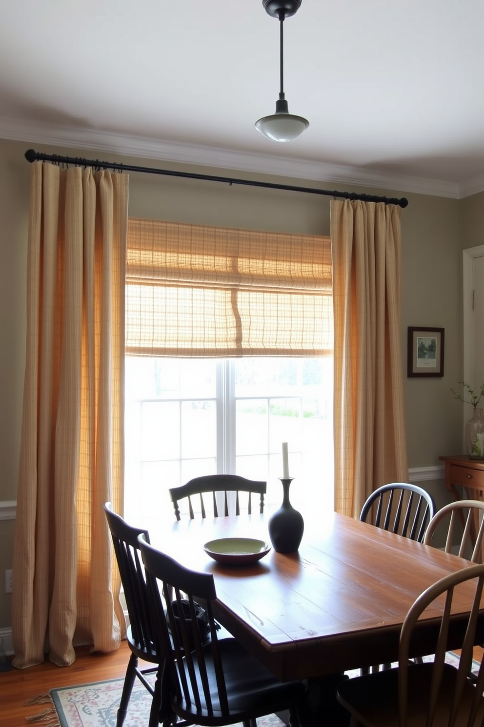 A cozy farmhouse dining room features textured curtains that gently filter natural light while providing privacy. The room is adorned with a rustic wooden dining table surrounded by mismatched chairs, creating an inviting atmosphere for family gatherings.