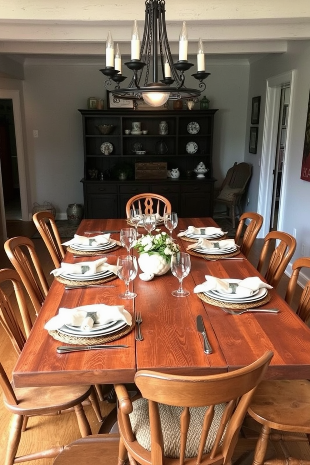 A charming farmhouse dining room features a rustic wooden table set for a special occasion. Each place setting is adorned with handcrafted ceramic plates, linen napkins, and vintage silverware, creating a warm and inviting atmosphere. Surrounding the table are mismatched wooden chairs, adding to the eclectic farmhouse style. Soft, ambient lighting hangs from a wrought iron chandelier, illuminating the space and enhancing the cozy feel.