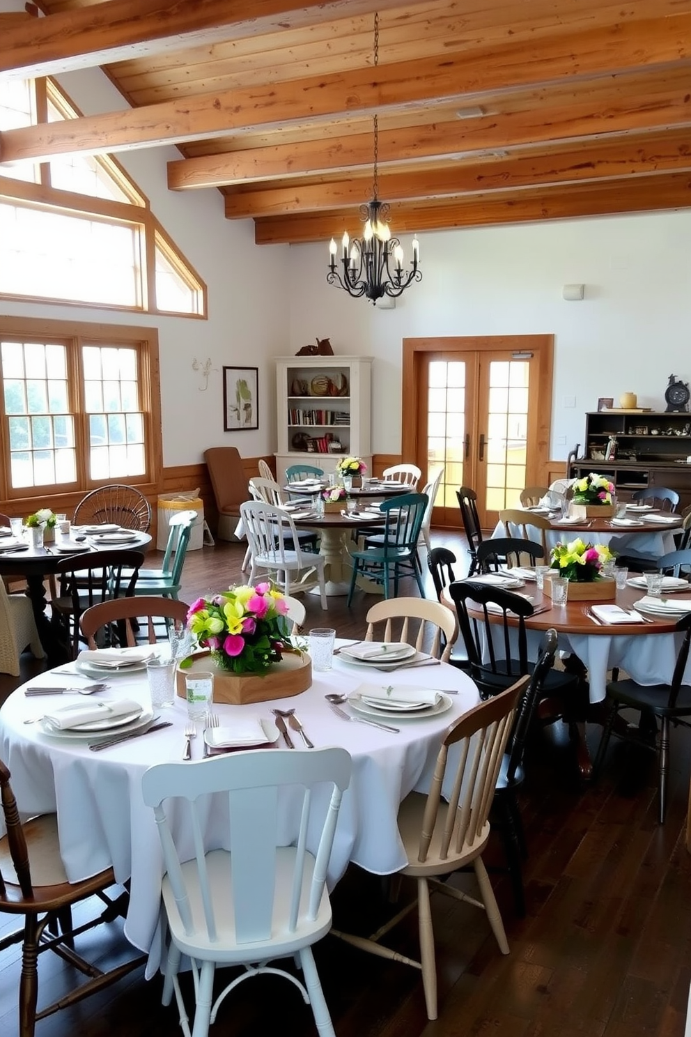 A charming farmhouse dining room featuring a mix of round and rectangular tables arranged for a cozy gathering. The tables are adorned with rustic tableware and a centerpiece of fresh flowers, creating an inviting atmosphere. The room is filled with natural light from large windows, highlighting the wooden beams on the ceiling. Surrounding the tables are mismatched chairs in various finishes, adding to the eclectic farmhouse style.