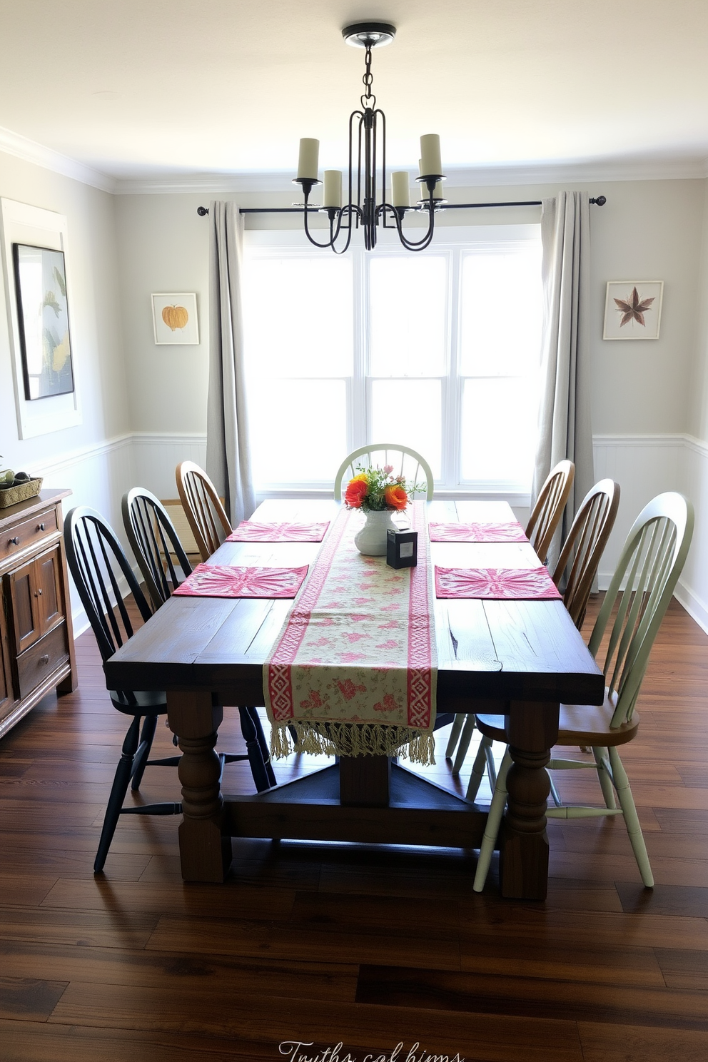 A cozy farmhouse dining room features a rustic wooden table adorned with colorful table runners that add seasonal flair. Surrounding the table are mismatched chairs, each with its own unique charm, and a large window allows natural light to flood the space.