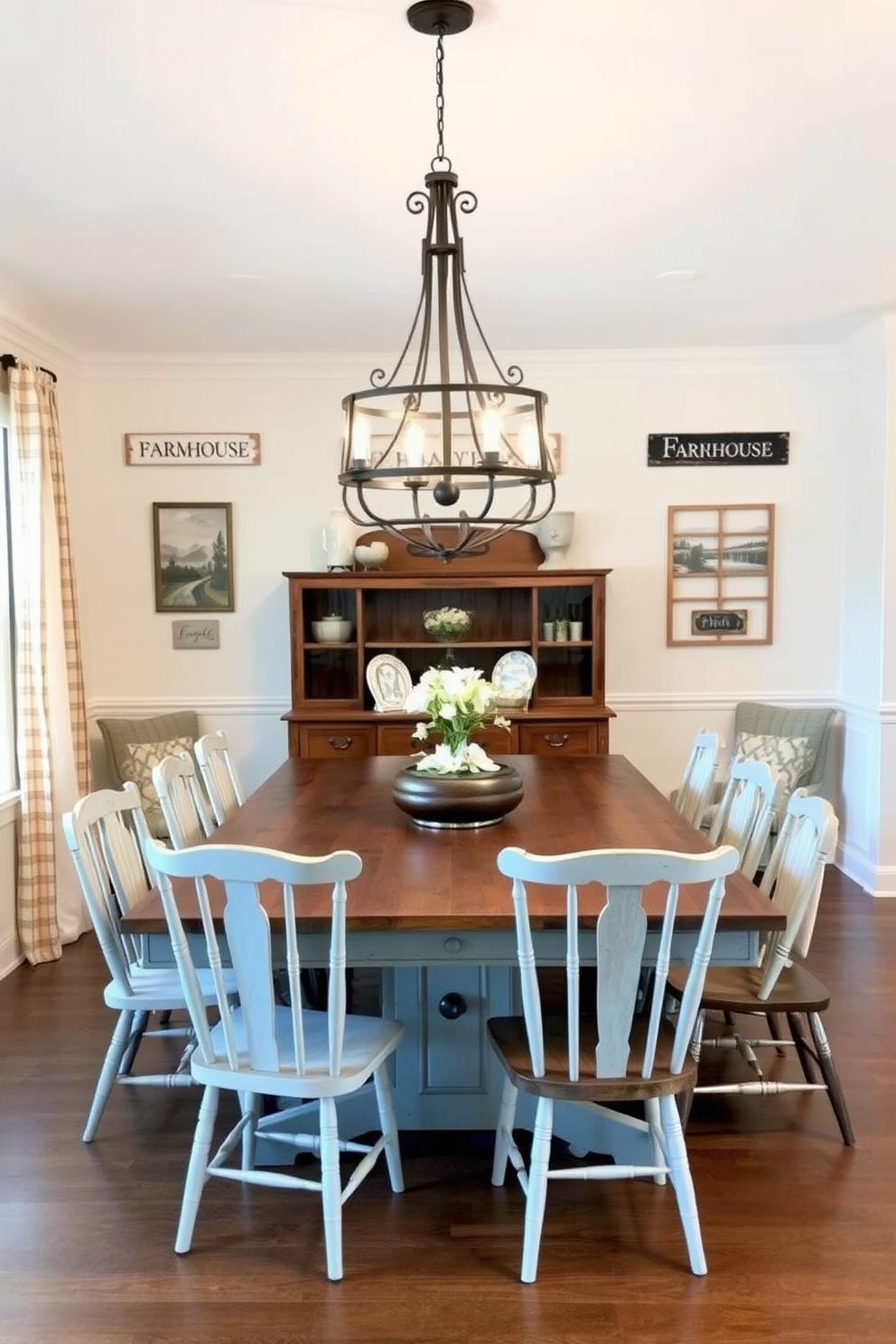 A charming farmhouse dining room features a large wooden table surrounded by mismatched chairs, creating an inviting atmosphere. Above the table, a rustic chandelier made of wrought iron adds warmth and character to the space. The walls are adorned with unique wall art that showcases farmhouse themes, such as vintage signs and landscape paintings. Soft, neutral colors dominate the decor, complemented by natural textures like burlap and linen for a cozy feel.