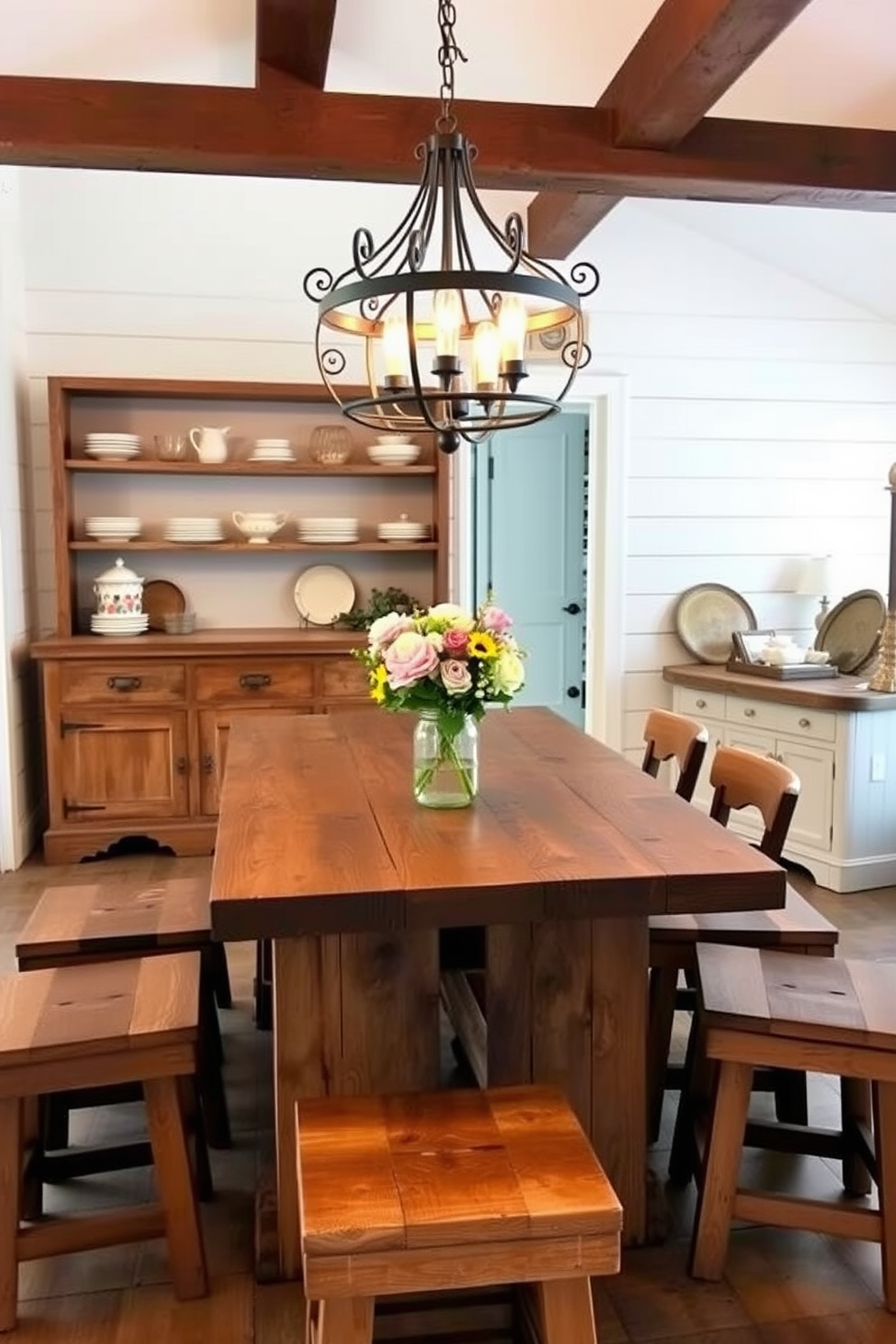 A cozy farmhouse dining room featuring rustic wooden stools arranged around a large reclaimed wood table. The space is illuminated by a wrought iron chandelier hanging from a beamed ceiling, creating a warm and inviting atmosphere. The walls are adorned with shiplap in a soft white finish, complemented by a large farmhouse-style sideboard filled with vintage dishware. A centerpiece of fresh flowers in a mason jar sits on the table, adding a touch of color to the earthy tones of the room.