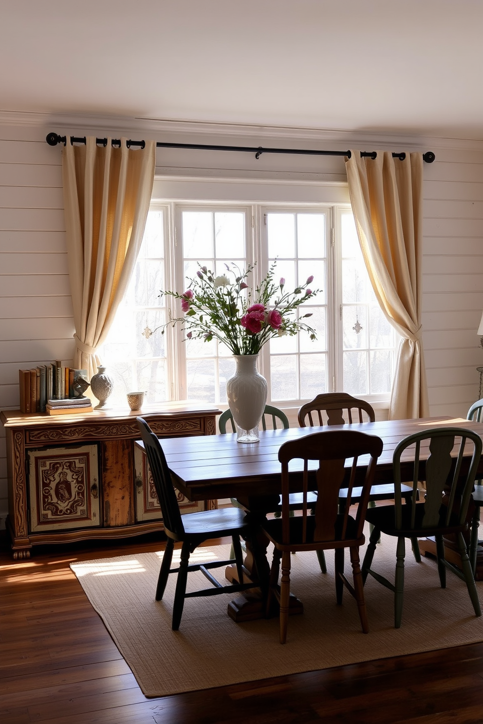 Antique sideboard with intricate carvings and a distressed finish positioned against a shiplap wall. The sideboard is complemented by decorative items such as vintage books and a rustic vase filled with fresh flowers. A large farmhouse dining table made of reclaimed wood sits in the center of the room, surrounded by mismatched chairs for a cozy feel. Soft, natural light filters through large windows adorned with simple linen curtains, creating a warm and inviting atmosphere.