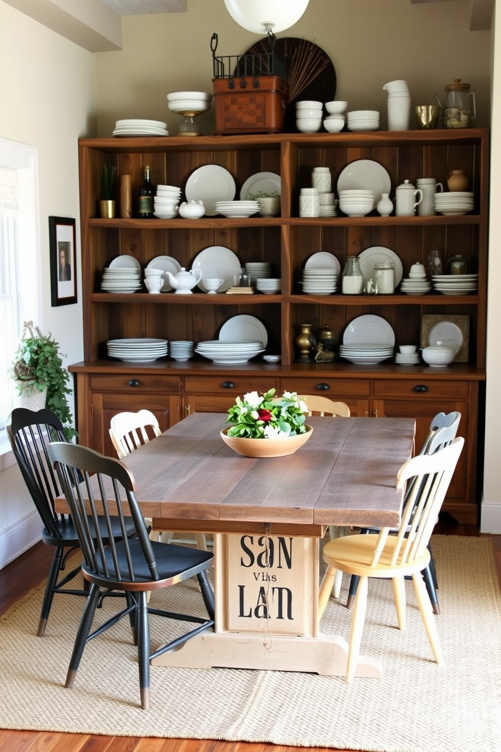 A cozy farmhouse dining room featuring open shelving for dish display and storage. The shelves are made of reclaimed wood, showcasing an array of rustic dishware and decorative jars. The dining table is a large farmhouse style with a weathered finish, surrounded by mismatched chairs for a charming, eclectic look. A woven rug lies beneath the table, adding warmth and texture to the space.