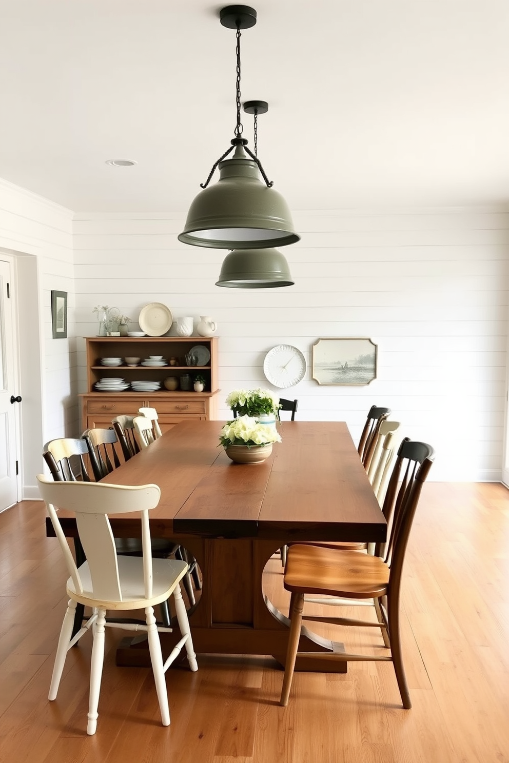 A charming farmhouse dining room features a large wooden table surrounded by mismatched chairs that add character. Above the table, statement pendant lights with a rustic finish hang gracefully, casting a warm glow over the space. The walls are adorned with shiplap in a soft white hue, creating a bright and airy atmosphere. A vintage sideboard against one wall displays decorative dishes and a collection of farmhouse-inspired decor.