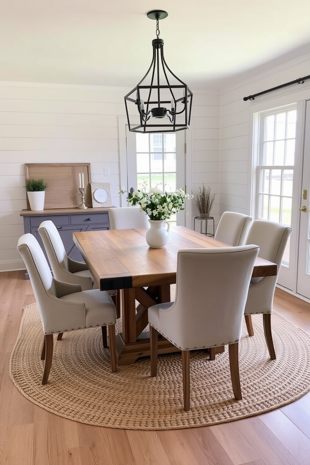 A charming farmhouse dining room featuring a neutral color palette with soft textures. The table is made of reclaimed wood surrounded by upholstered chairs in a light beige fabric. Above the table, a rustic chandelier made of wrought iron adds warmth to the space. The walls are adorned with shiplap, and a large window allows natural light to flood in, highlighting the simplicity of the decor. A woven jute rug anchors the room, providing a cozy feel underfoot. Fresh flowers in a simple ceramic vase sit at the center of the table, enhancing the inviting atmosphere.