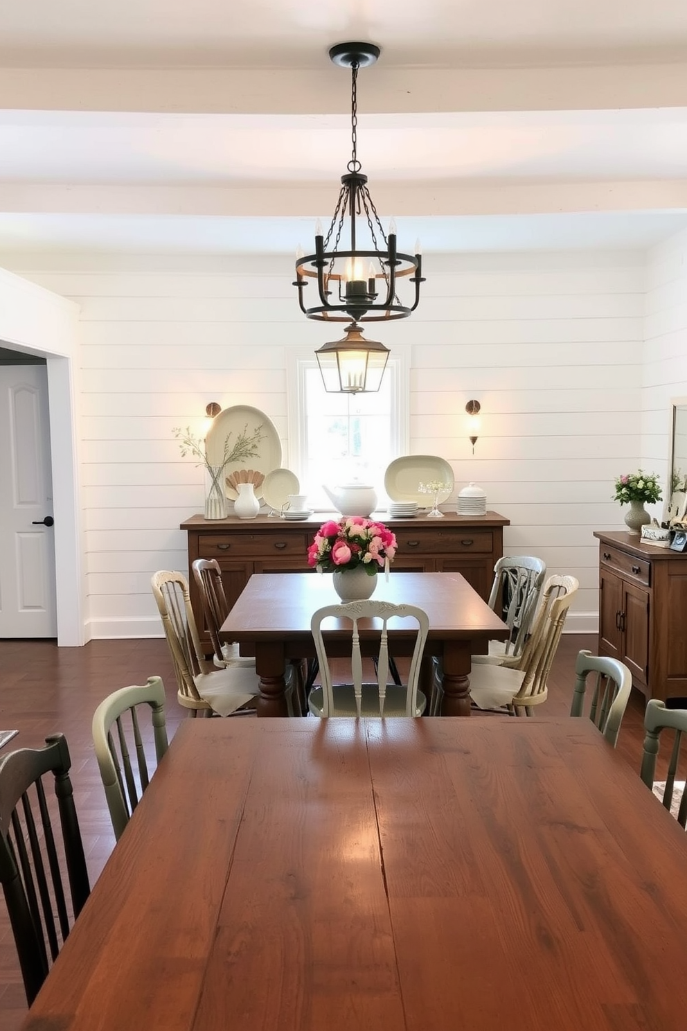 A charming farmhouse dining room featuring a large wooden table surrounded by mismatched chairs. Vintage light fixtures hang from the ceiling, casting a warm and inviting glow throughout the space. The walls are adorned with shiplap, painted in a soft white hue to enhance the cozy atmosphere. A rustic sideboard displays an array of vintage dishware and fresh flowers, adding a touch of charm to the room.