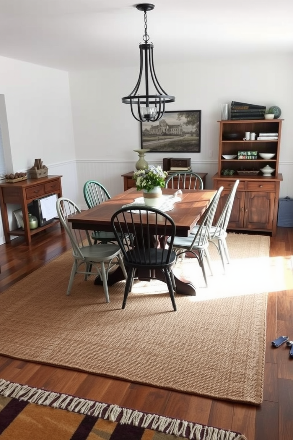 A cozy farmhouse dining room features layered rugs that add warmth and texture to the space. The main rug is a large jute design, topped with a smaller patterned rug that complements the rustic wooden dining table. The table is surrounded by mismatched chairs that enhance the eclectic farmhouse aesthetic. Soft lighting from a wrought iron chandelier casts a warm glow over the room, creating an inviting atmosphere for family gatherings.