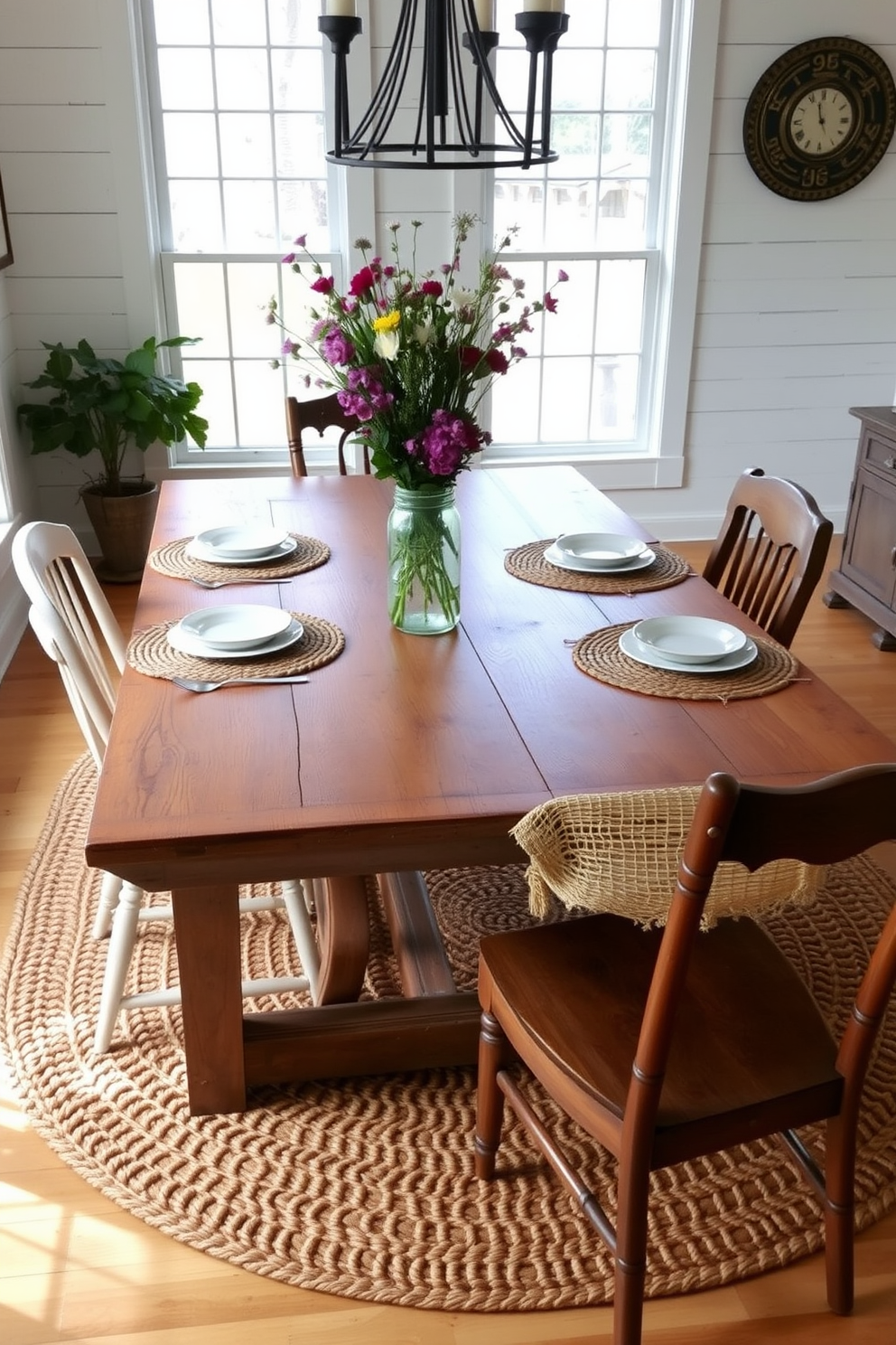 A cozy farmhouse dining room featuring a large wooden dining table with a rustic finish. The table is adorned with a beautiful centerpiece made of wildflowers in a mason jar, surrounded by woven placemats and vintage dishware. The room is bright and airy, with white shiplap walls and large windows letting in natural light. A woven rug lies under the table, adding warmth to the space, while mismatched chairs create a charming and inviting atmosphere.