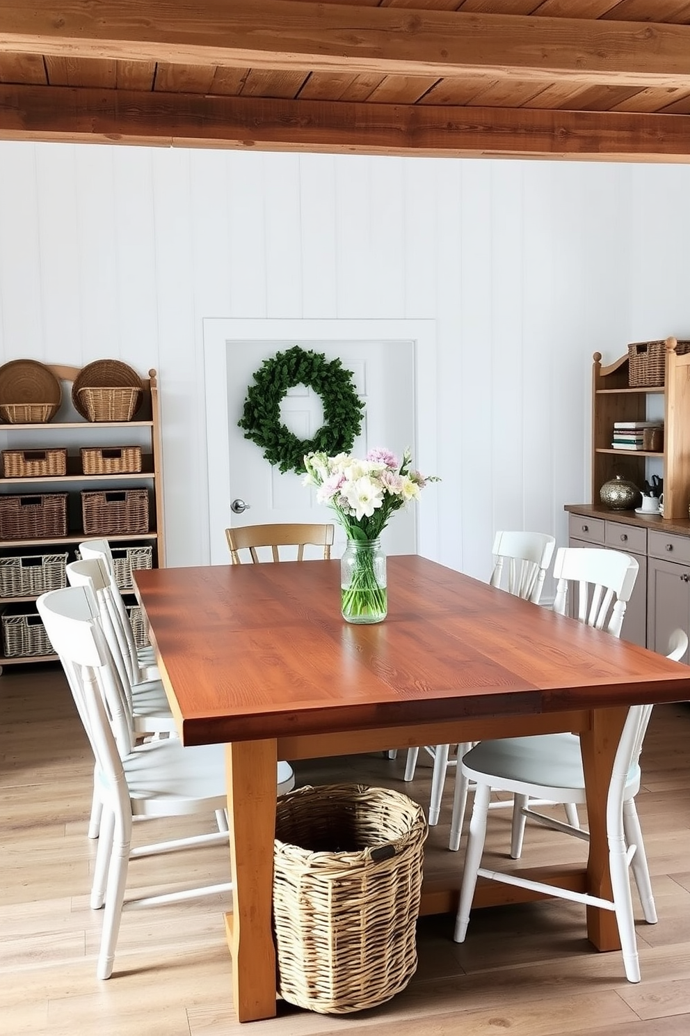 A cozy farmhouse dining room featuring a large wooden table surrounded by mismatched chairs. Woven baskets are strategically placed under the table and on shelves, adding both storage and a decorative touch. The walls are painted in a soft white hue, complemented by rustic wooden beams on the ceiling. A centerpiece of fresh flowers in a mason jar sits on the table, enhancing the warm and inviting atmosphere.