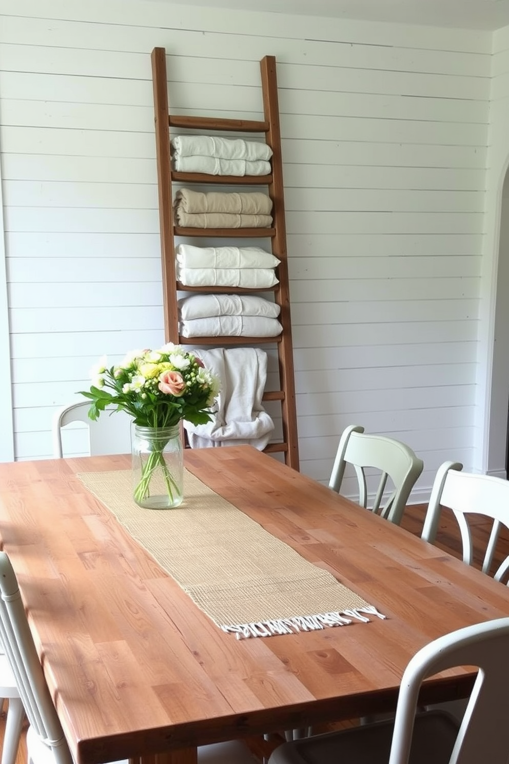 A decorative ladder made of reclaimed wood leans against a white shiplap wall in a cozy farmhouse dining room. It holds neatly folded linens in soft, neutral tones, adding a touch of rustic charm to the space. The dining table is a large farmhouse-style piece made of weathered wood, surrounded by mismatched chairs for an eclectic feel. A centerpiece of fresh flowers in a mason jar sits atop a burlap runner, enhancing the inviting atmosphere of the room.