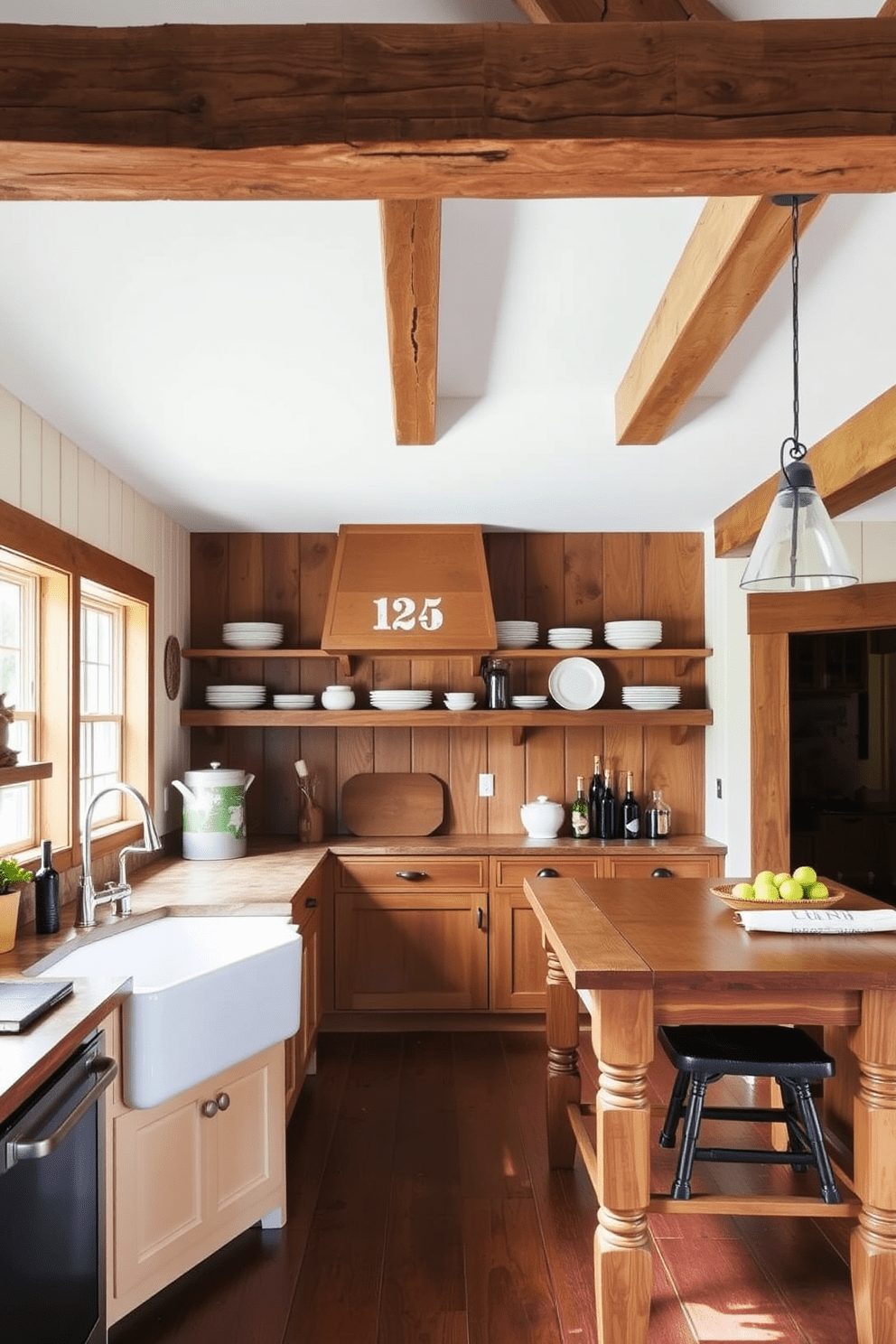 A cozy farmhouse kitchen with rustic wooden beams overhead. The space features a large farmhouse sink, a wooden island with bar stools, and open shelving displaying ceramic dishware.