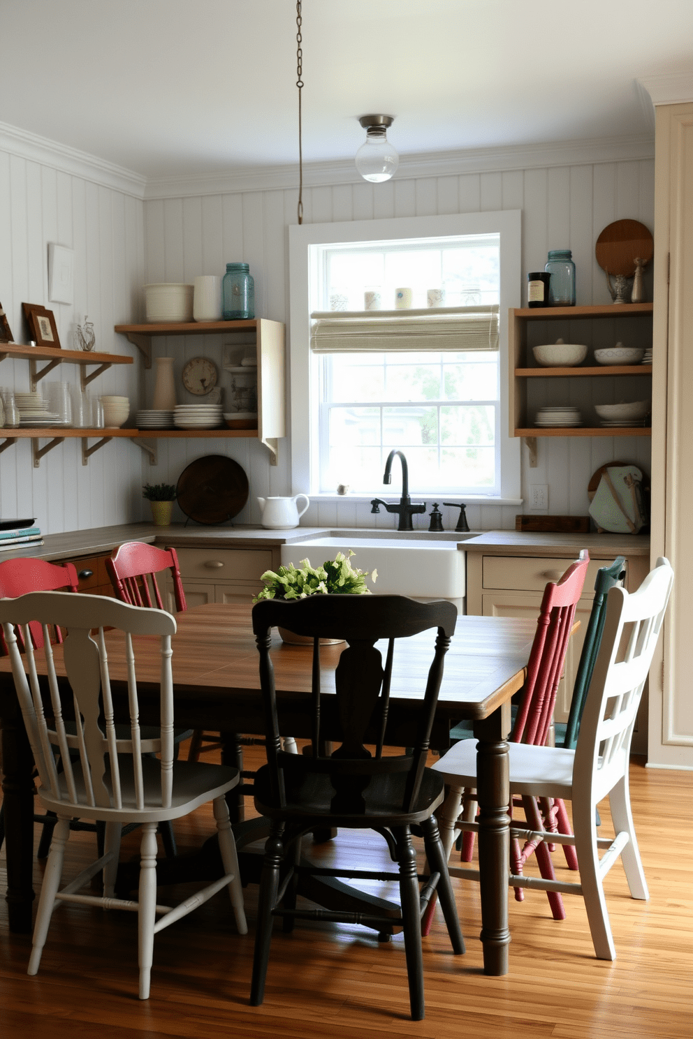 A charming farmhouse kitchen featuring a rustic wooden dining table surrounded by mismatched dining chairs in various colors and styles. The walls are adorned with open shelving displaying vintage dishware and mason jars, while a large farmhouse sink sits beneath a window with natural light pouring in.