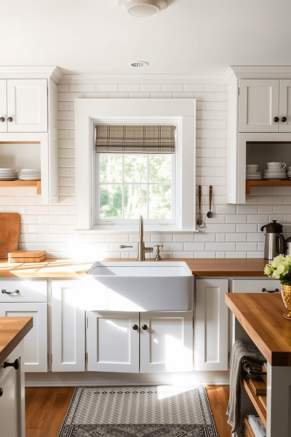 A charming farmhouse kitchen with a classic subway tile backsplash. The cabinets are painted in a soft white, complemented by rustic wooden accents and open shelving displaying vintage dishware. The countertops are a warm butcher block, providing a cozy contrast to the sleek tiles. A large farmhouse sink is centered beneath a window, allowing natural light to flood the space and highlight the inviting atmosphere.