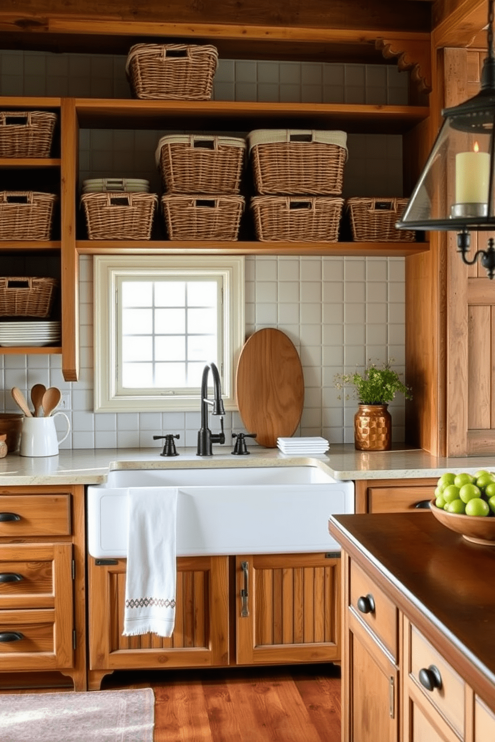 A charming farmhouse kitchen featuring woven baskets for stylish storage. The baskets are neatly arranged on open shelves, adding both functionality and warmth to the space. The kitchen boasts a large farmhouse sink with a vintage-style faucet. Rustic wooden cabinets and a spacious island complement the cozy atmosphere, creating an inviting cooking area.