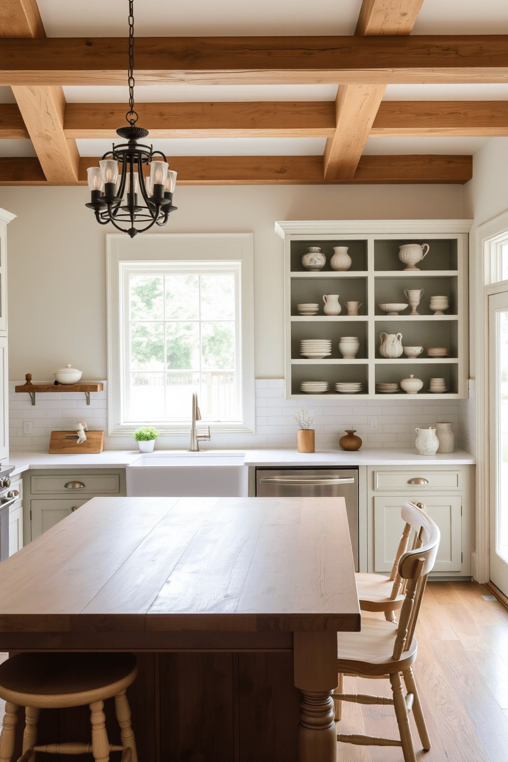 A charming farmhouse kitchen adorned with antique light fixtures that add character to the space. The kitchen features a large wooden island with a rustic finish, surrounded by vintage-style bar stools. The cabinetry is painted in a soft pastel hue, complemented by open shelving displaying handmade pottery. Natural light floods the room through a large window, highlighting the farmhouse sink and quartz countertops.