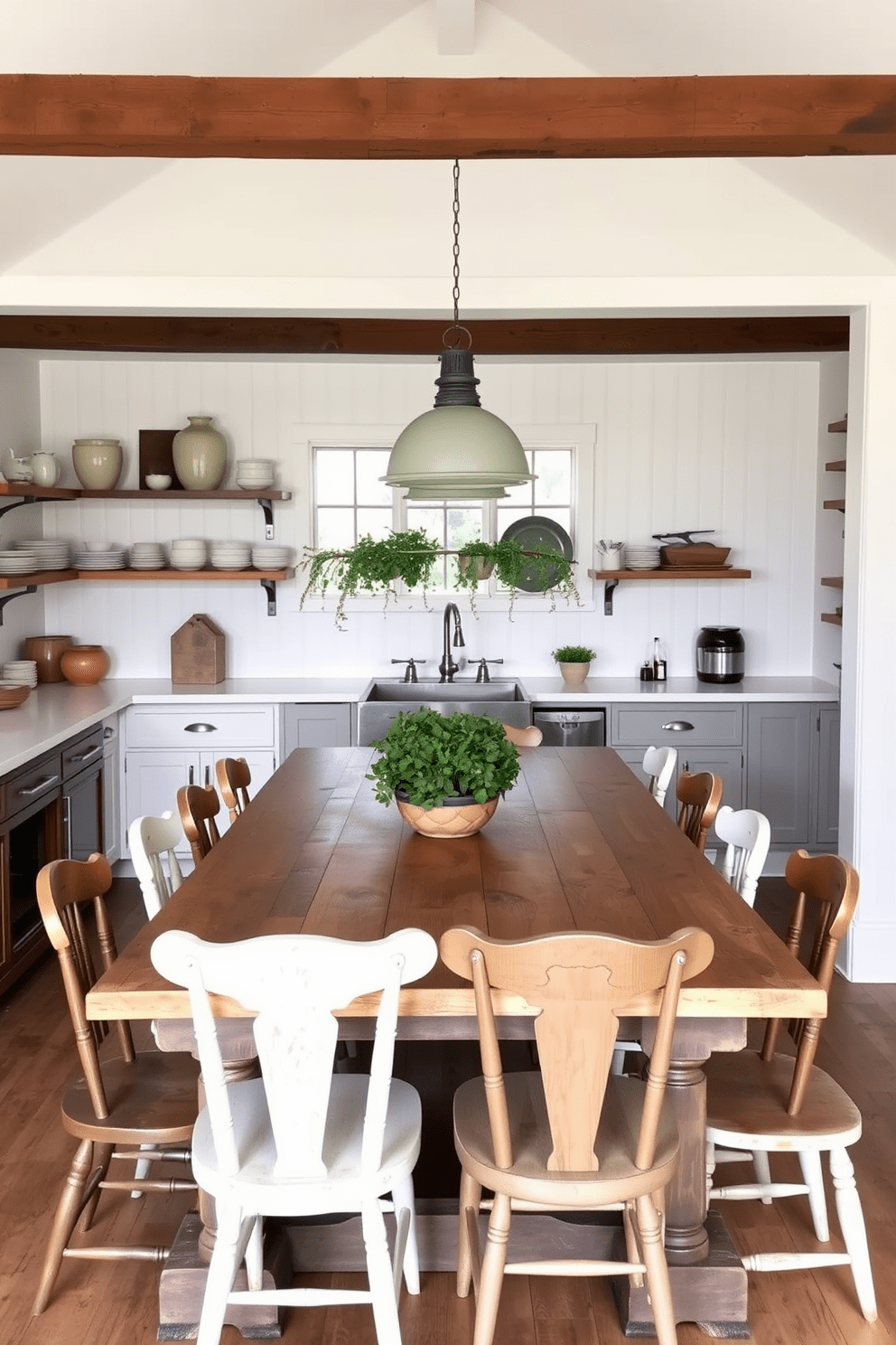 A cozy farmhouse kitchen featuring a large wooden table at the center surrounded by mismatched chairs. The walls are painted in a soft white, and open shelves display rustic dishware along with fresh herbs on the windowsill for greenery. The kitchen has exposed wooden beams overhead and a farmhouse sink with a vintage faucet. Pendant lights hang above the table, creating a warm and inviting atmosphere perfect for family gatherings.