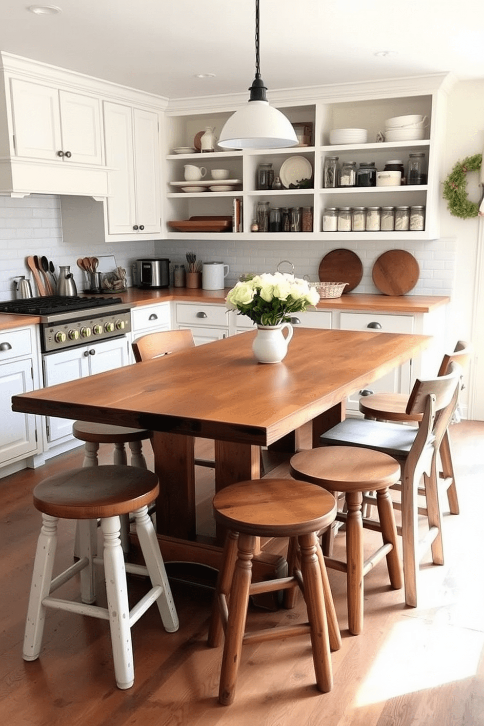 A cozy farmhouse kitchen features a large wooden table surrounded by mismatched wooden stools that add a casual and inviting vibe. The kitchen is bright and airy with whitewashed cabinets and open shelving displaying rustic dishware and mason jars filled with ingredients.