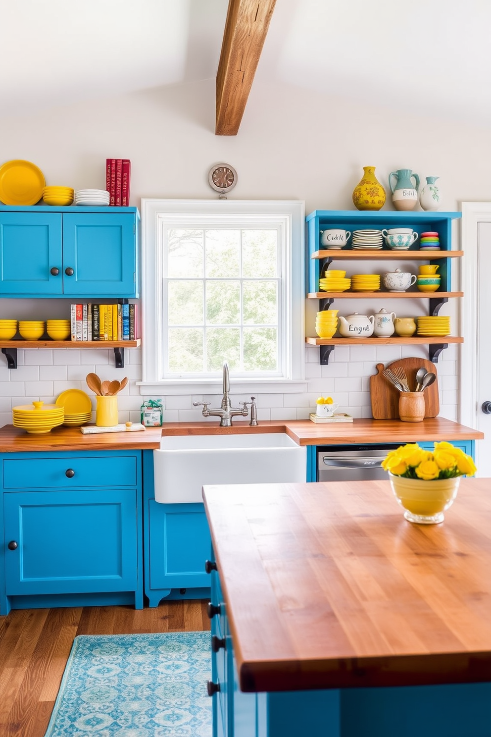 A charming farmhouse kitchen with a large wooden island at the center topped with a butcher block surface. Colorful accents like bright blue cabinets and cheerful yellow dishware add a playful touch to the rustic decor. The walls are adorned with open shelving displaying vibrant cookbooks and handcrafted pottery. A vintage farmhouse sink sits beneath a window, allowing natural light to illuminate the space.