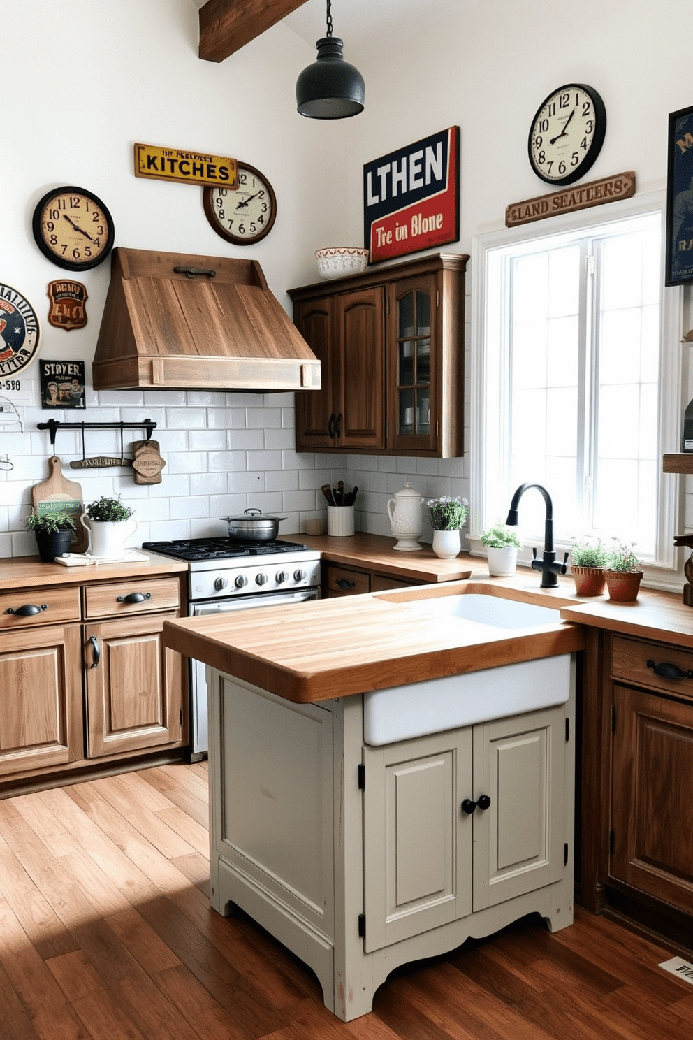 A cozy farmhouse kitchen featuring vintage signs that evoke a sense of nostalgia. The space is filled with rustic wooden cabinets, a large farmhouse sink, and a central island topped with butcher block, accented by retro signage on the walls. The color palette includes soft whites and muted blues, creating a warm and inviting atmosphere. Antique kitchenware and potted herbs adorn the countertops, enhancing the vintage charm of the design.