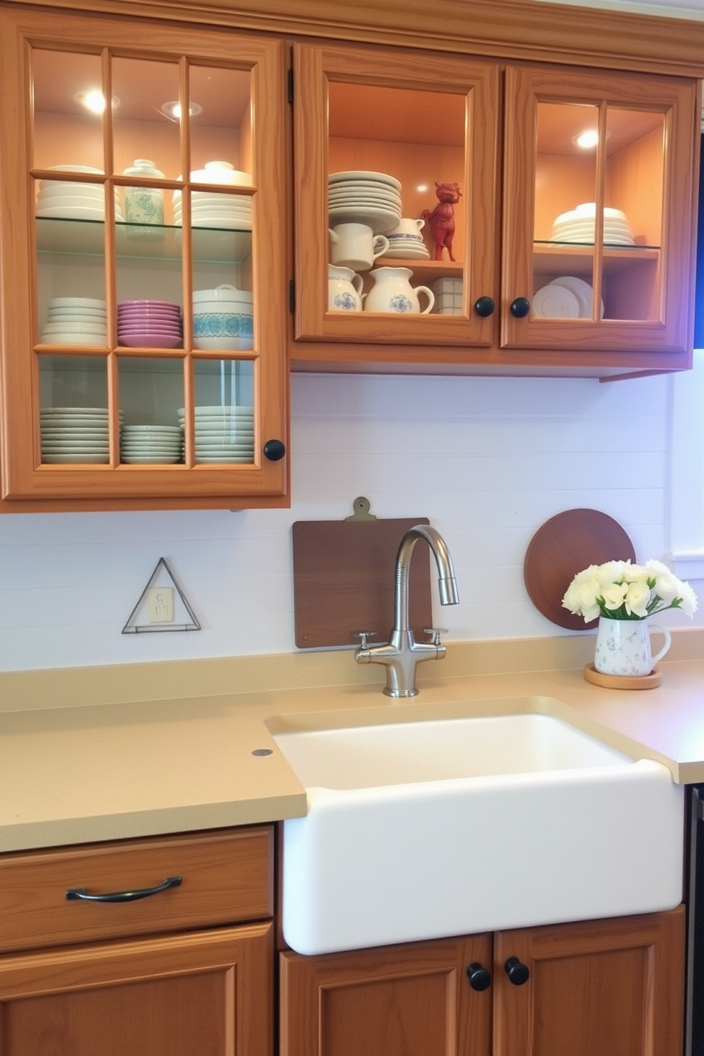 A charming farmhouse kitchen features glass-front cabinets showcasing an array of colorful dishes and rustic decor. The warm wooden cabinetry contrasts beautifully with a white shiplap backsplash and a farmhouse sink, creating a welcoming atmosphere.