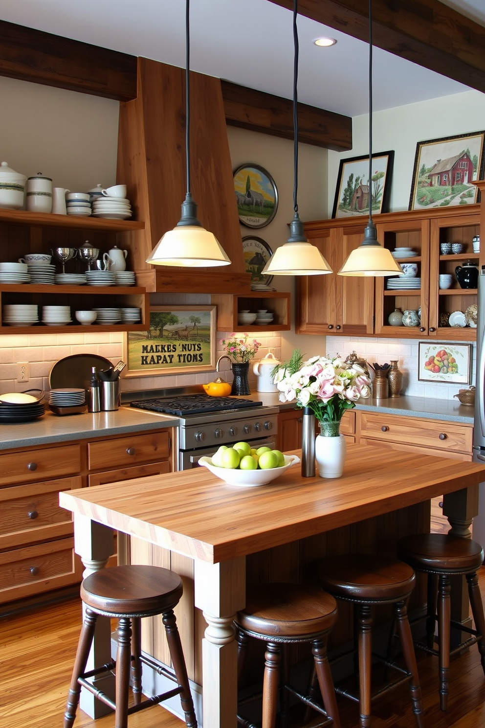 A charming farmhouse kitchen featuring rustic wooden cabinets and open shelving filled with vintage dishware. The walls are adorned with farm-themed artwork showcasing pastoral scenes and fresh produce, adding personality to the space. The kitchen island is topped with a butcher block surface and surrounded by comfortable bar stools. Pendant lights with a warm glow hang above, creating an inviting atmosphere perfect for family gatherings.