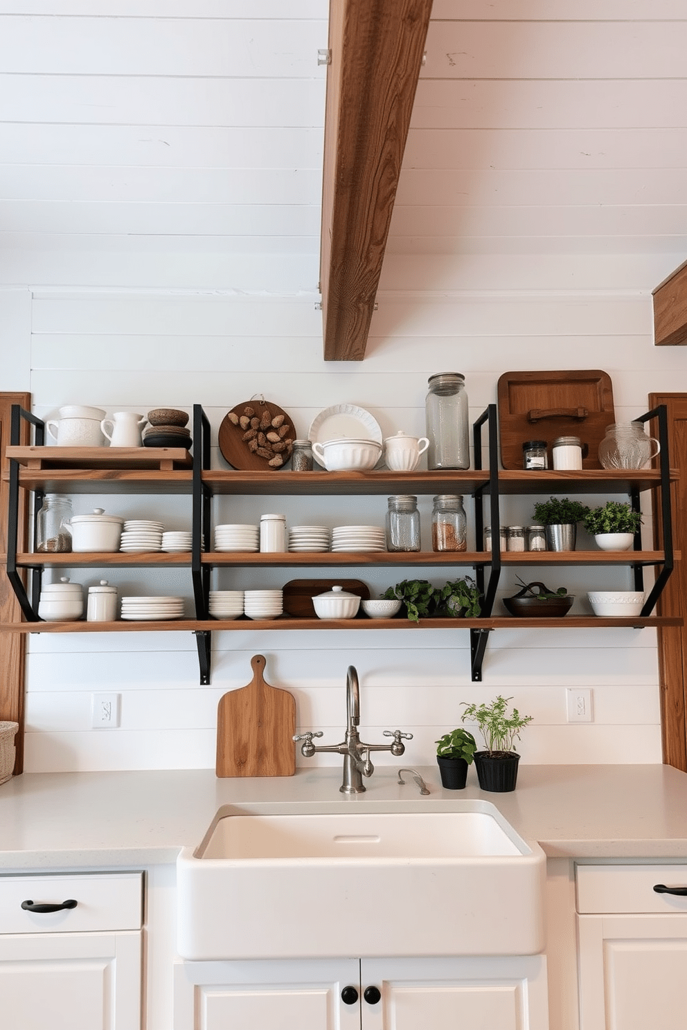 Open shelving creates a warm and inviting atmosphere in a farmhouse kitchen. The shelves are filled with rustic dishware, mason jars, and potted herbs, adding both functionality and charm. The kitchen features a large farmhouse sink with a vintage-style faucet. Wooden beams stretch across the ceiling, complementing the white shiplap walls and creating a cozy, homey feel.