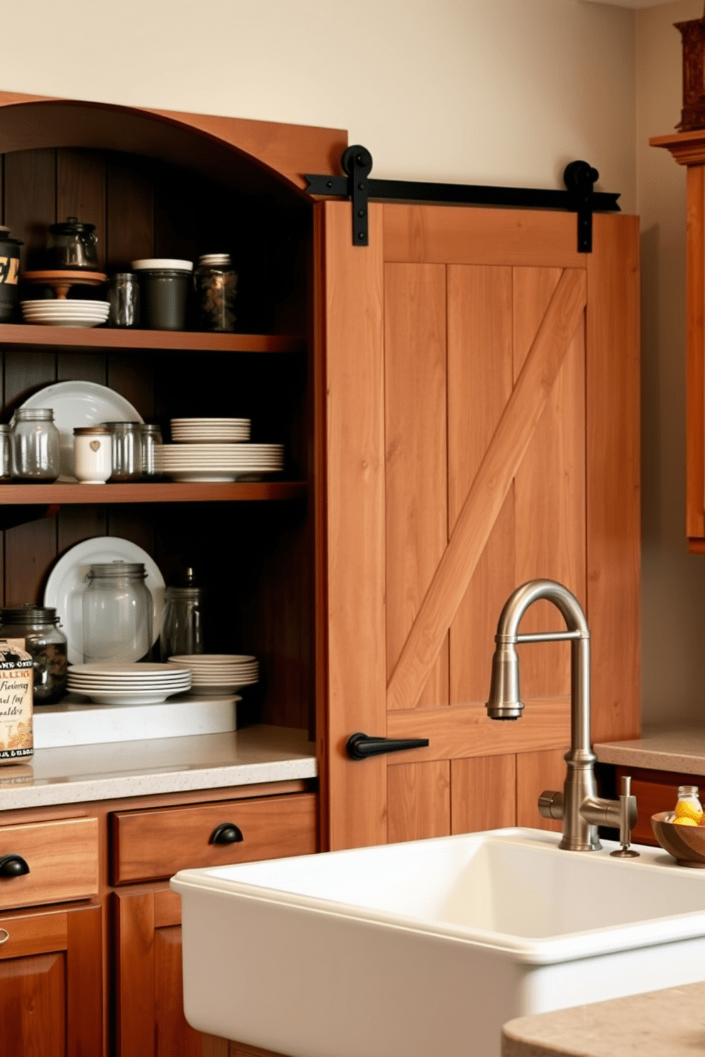 Rustic pantry door made of reclaimed wood with wrought iron hardware. The door features a distressed finish that complements the warm tones of the farmhouse kitchen. Open shelving displays a curated collection of vintage dishware and mason jars. A large farmhouse sink with a brushed nickel faucet anchors the space, surrounded by natural wood cabinetry.