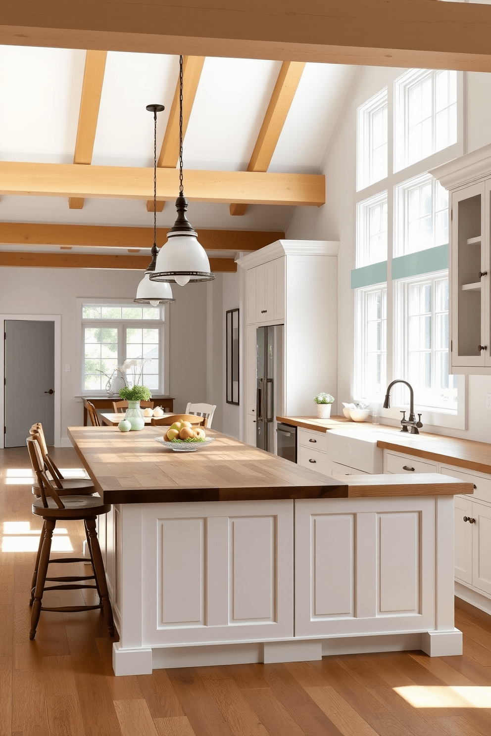 A bright and airy farmhouse kitchen with an open concept layout that enhances spaciousness. The kitchen features a large island with rustic wooden countertops, surrounded by high-backed stools and pendant lighting above. White shaker cabinets line the walls, complemented by a farmhouse sink and a vintage-style faucet. Natural light floods the space through large windows, illuminating the warm tones of the wood and the soft pastel accents throughout.