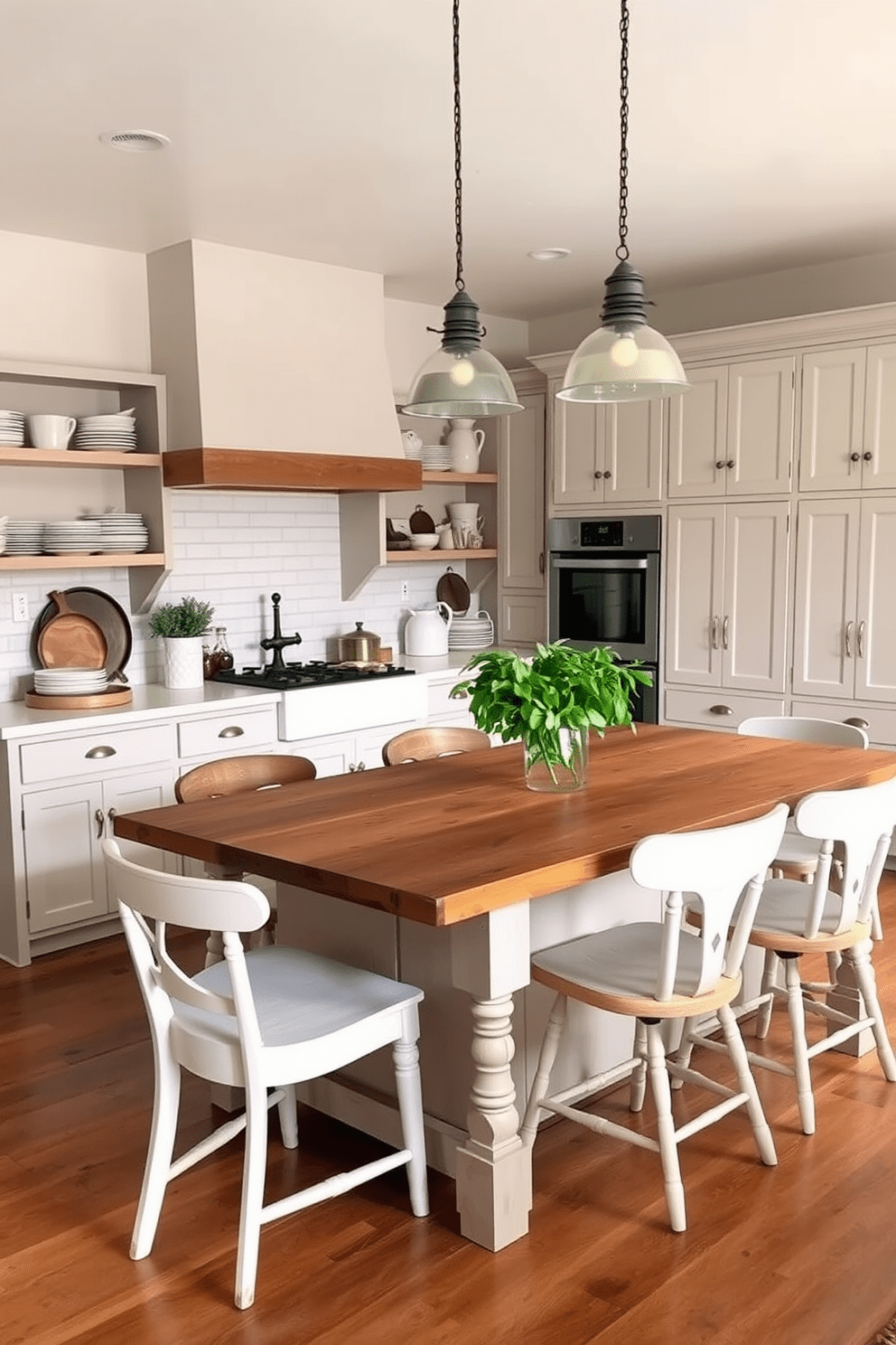 A serene farmhouse kitchen featuring a neutral color palette with soft beige and warm white tones. The space includes a large wooden dining table surrounded by mismatched chairs, complemented by open shelving displaying rustic dishware. A spacious island with a reclaimed wood countertop serves as the centerpiece, adorned with a vase of fresh herbs. The cabinetry is painted in a light gray, and vintage-style pendant lights hang above, illuminating the cozy atmosphere.