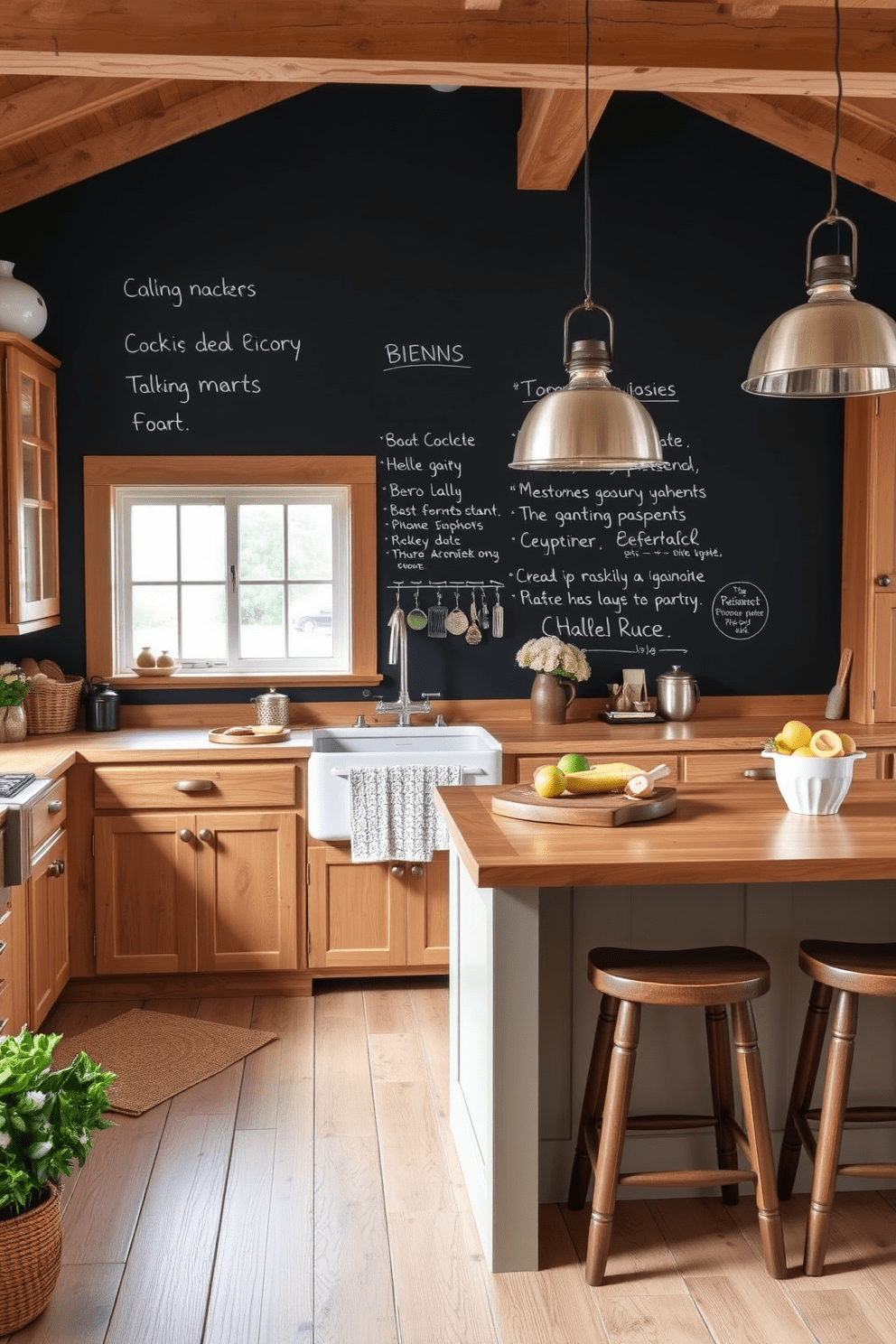 A cozy farmhouse kitchen featuring a chalkboard wall for notes and menus. The space includes rustic wooden cabinets, a large farmhouse sink, and a central island with bar stools for casual dining.