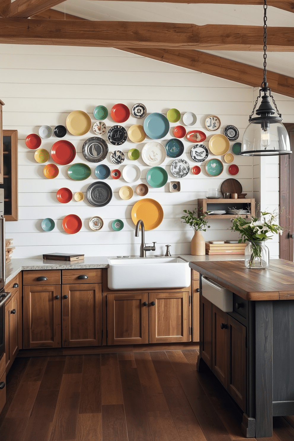 A decorative plate wall featuring an array of colorful ceramic plates in various sizes creates a stunning focal point. The plates are arranged in a playful yet harmonious pattern against a soft white shiplap background. In a farmhouse kitchen, rustic wooden cabinetry complements a large farmhouse sink and a central island topped with reclaimed wood. Vintage-style pendant lights hang above the island, casting a warm glow over the space filled with natural textures and earthy tones.