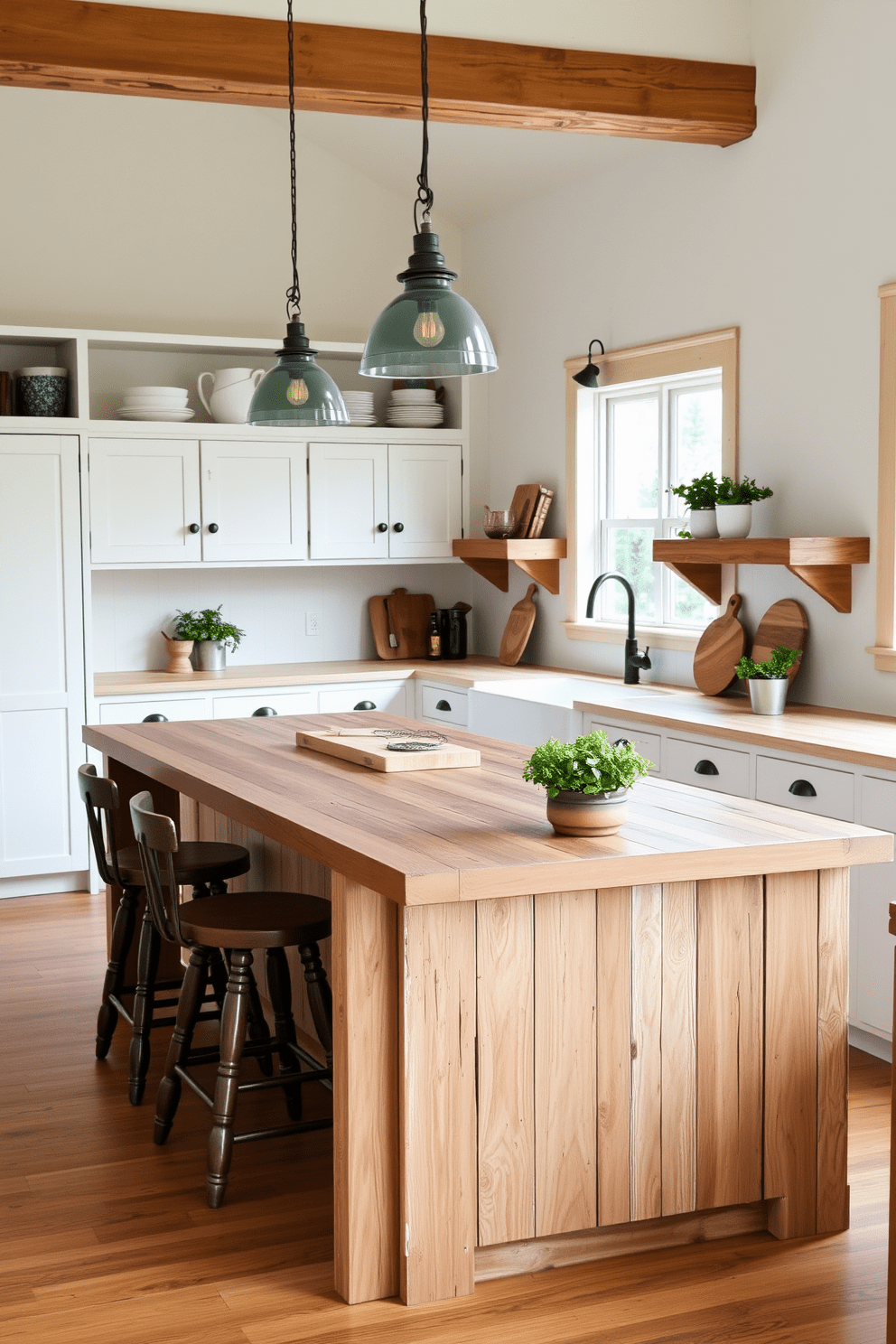 A charming farmhouse kitchen with reclaimed wood accents that emphasize sustainability. The kitchen features a large island made of distressed wood, complemented by vintage-inspired bar stools and pendant lighting overhead. The cabinetry is painted in a soft white, with open shelving displaying rustic dishware. A farmhouse sink sits beneath a window, surrounded by potted herbs and a wooden cutting board for a cozy, inviting atmosphere.