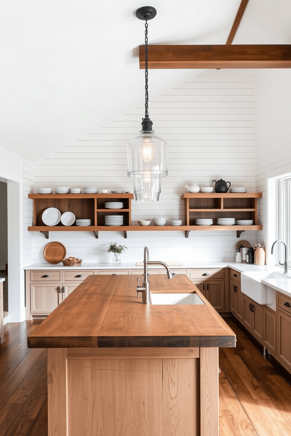 Bright pendant lights hang elegantly over a spacious kitchen island, illuminating the rustic wood surface beneath. The kitchen features open shelving with carefully arranged dishware, complementing the farmhouse aesthetic with white shiplap walls and a large farmhouse sink.