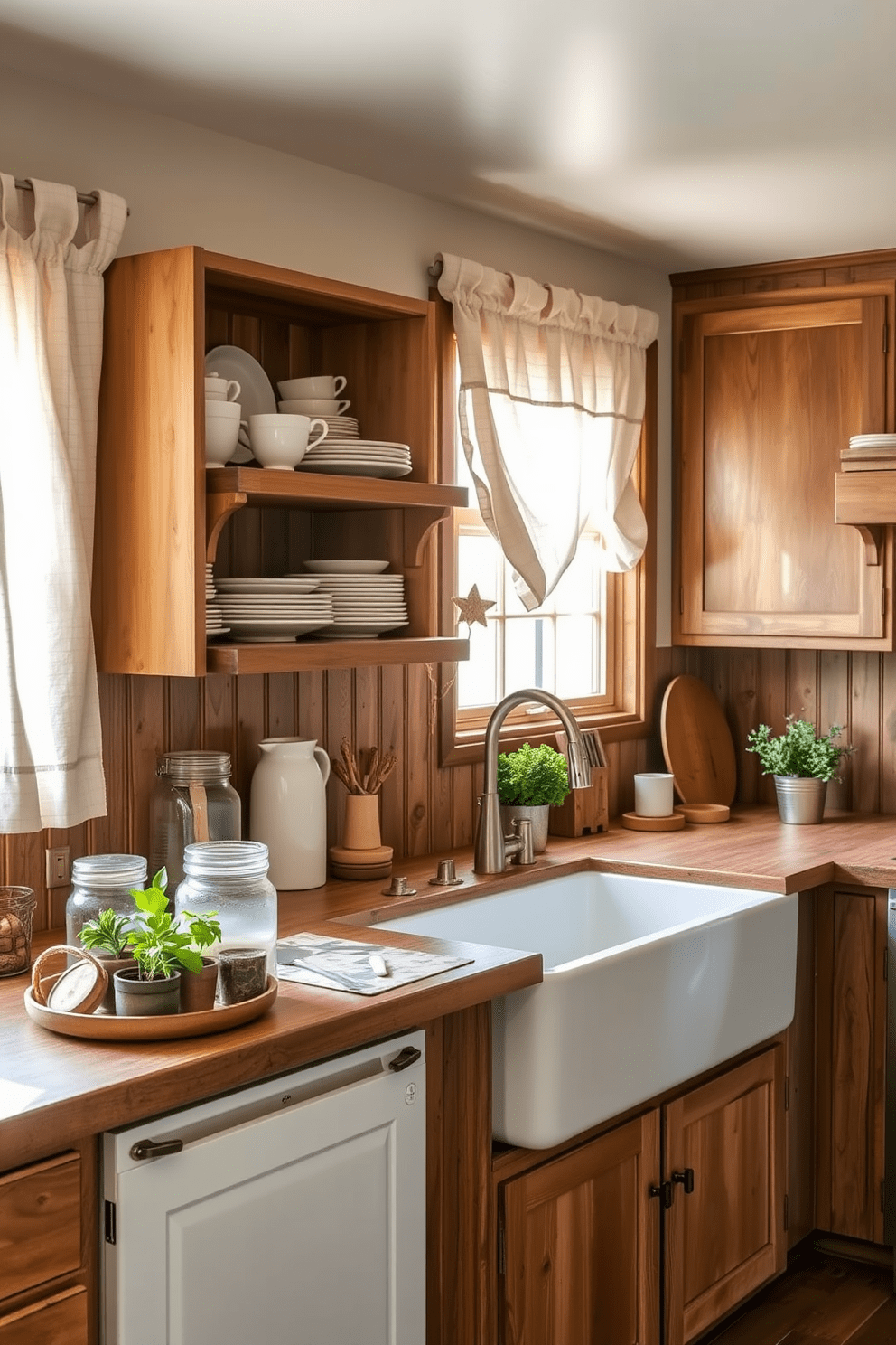 Ceramic farmhouse-style dishes are elegantly displayed on open shelving in a warm and inviting kitchen. The rustic wooden cabinets complement the vintage charm, while a large farmhouse sink adds functionality and style. The countertop is adorned with a mix of decorative jars and potted herbs, enhancing the cozy atmosphere. Soft, natural lighting filters through a window adorned with simple linen curtains, creating a serene cooking space.