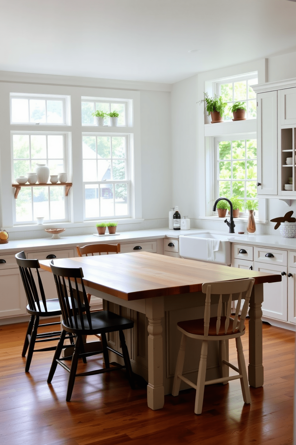 A bright farmhouse kitchen filled with natural light from large windows that overlook a lush garden. The space features a large wooden dining table surrounded by mismatched chairs, complemented by open shelving displaying rustic dishware. The kitchen island is topped with a butcher block surface and includes farmhouse-style bar stools. White cabinets with vintage hardware provide ample storage, while a classic apron sink sits beneath the windows, framed by fresh herbs in pots.