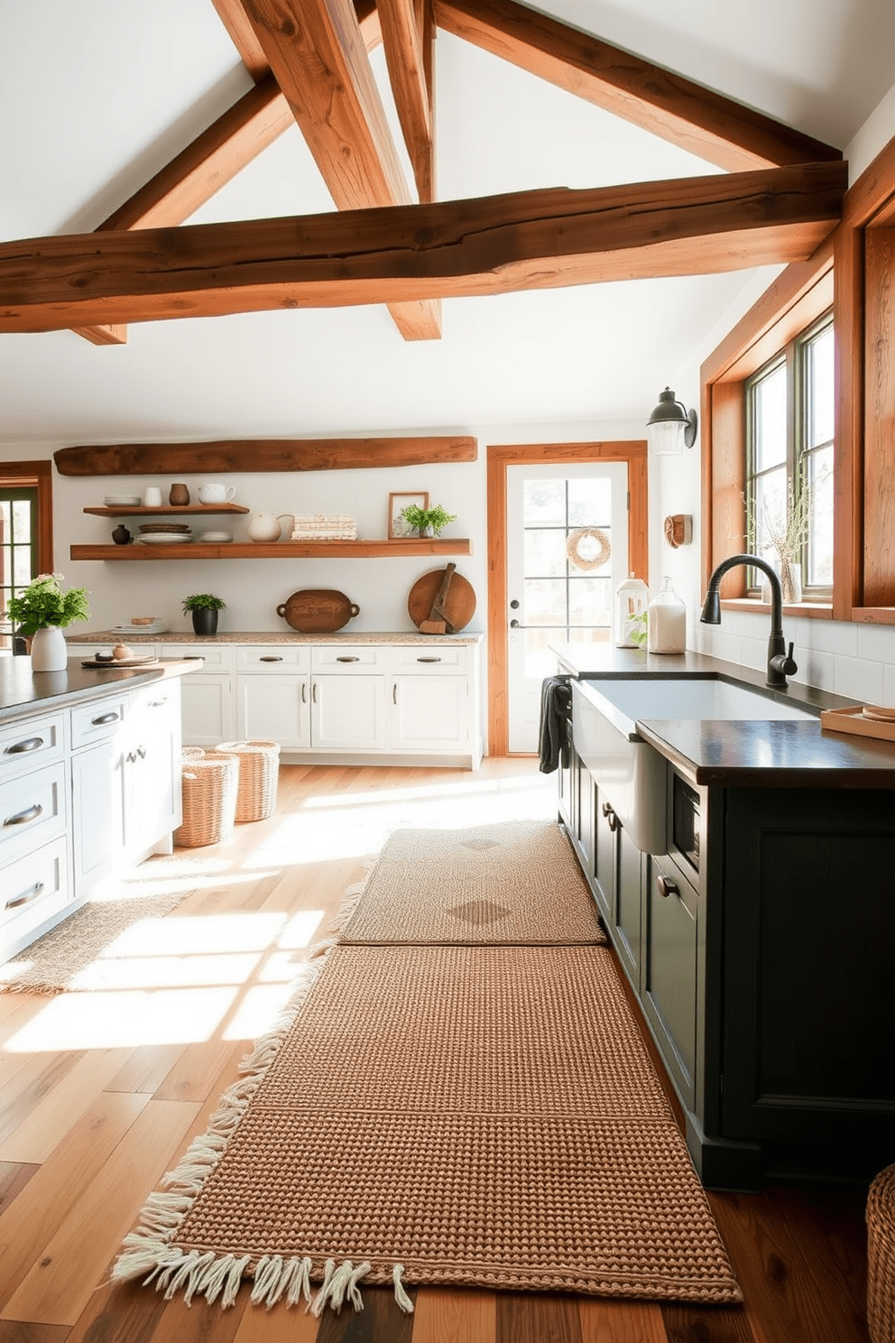 A cozy farmhouse kitchen features textured rugs that add warmth and comfort underfoot. The space is filled with natural light, showcasing rustic wooden beams and a large farmhouse sink.